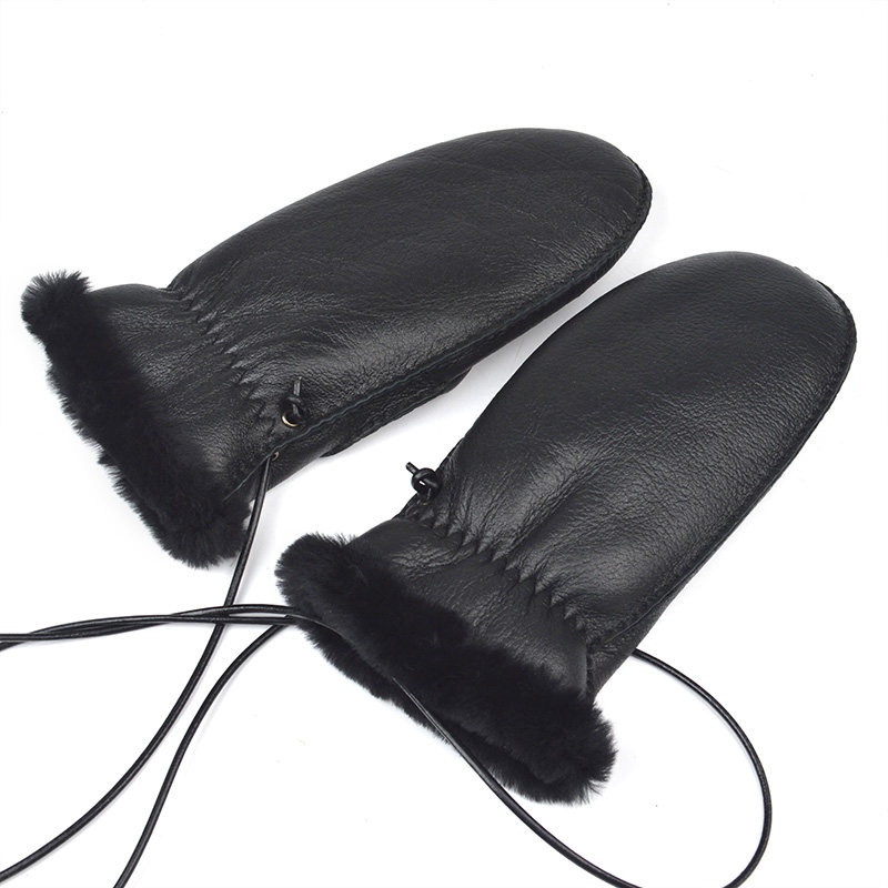 新款挂脖羊皮毛一体手套男女式冬季加厚防寒保暖骑车真皮手套