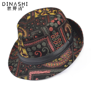 复古印花羊皮爵士帽男女绅士礼帽中老年英伦风羊皮短檐牛仔帽