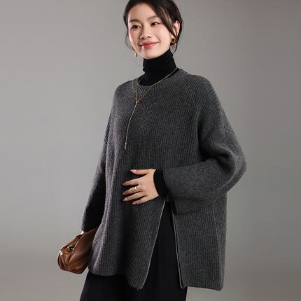 灰色中长款宽松拉链开叉毛衣女2024秋冬款休闲慵懒针织衫直筒上衣