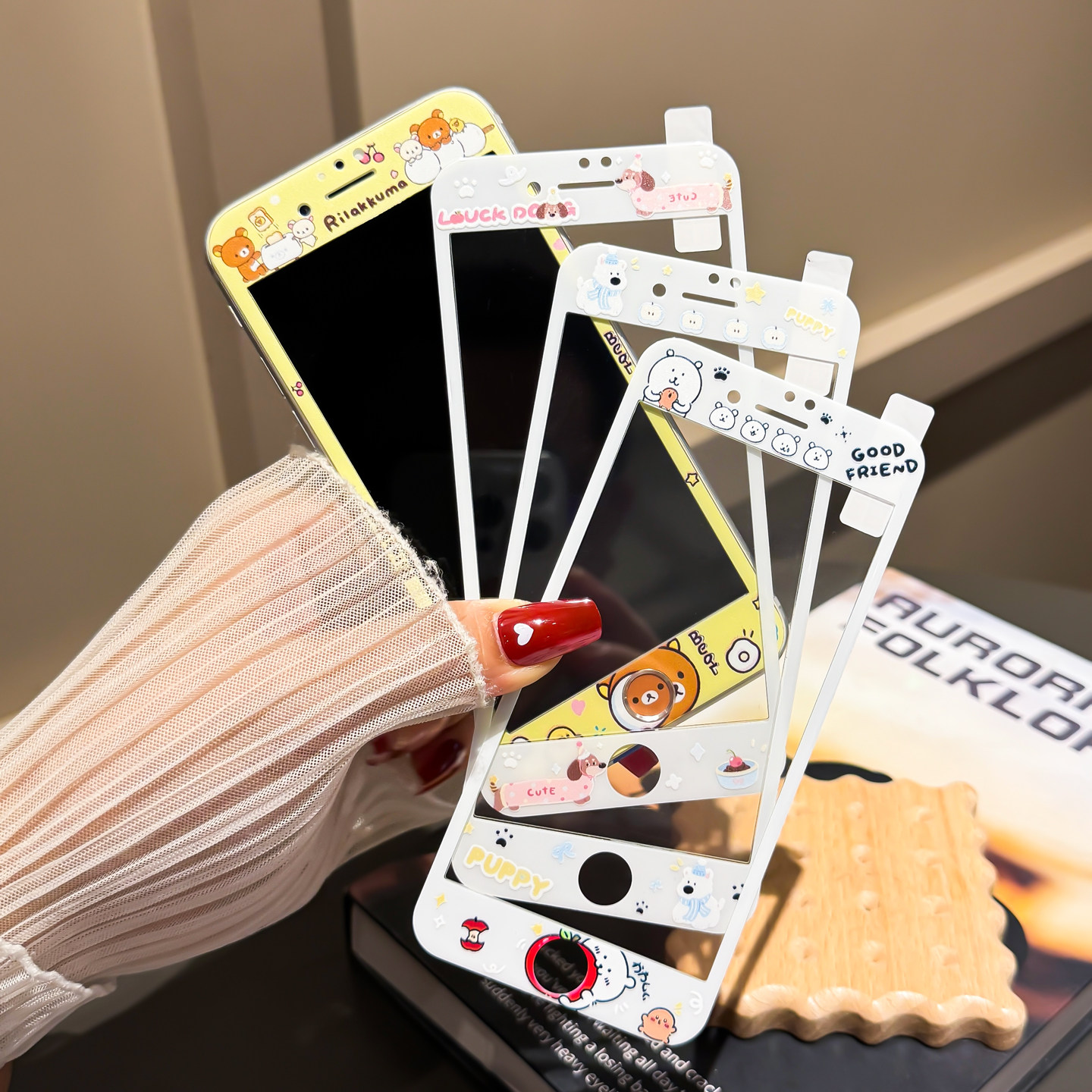 适用苹果6SP/7/8卡通钢化玻璃贴膜iPhone7/8plus全屏6P手机彩膜SE1/2/3指纹解锁按键贴4/5S前膜苹果四/五/六