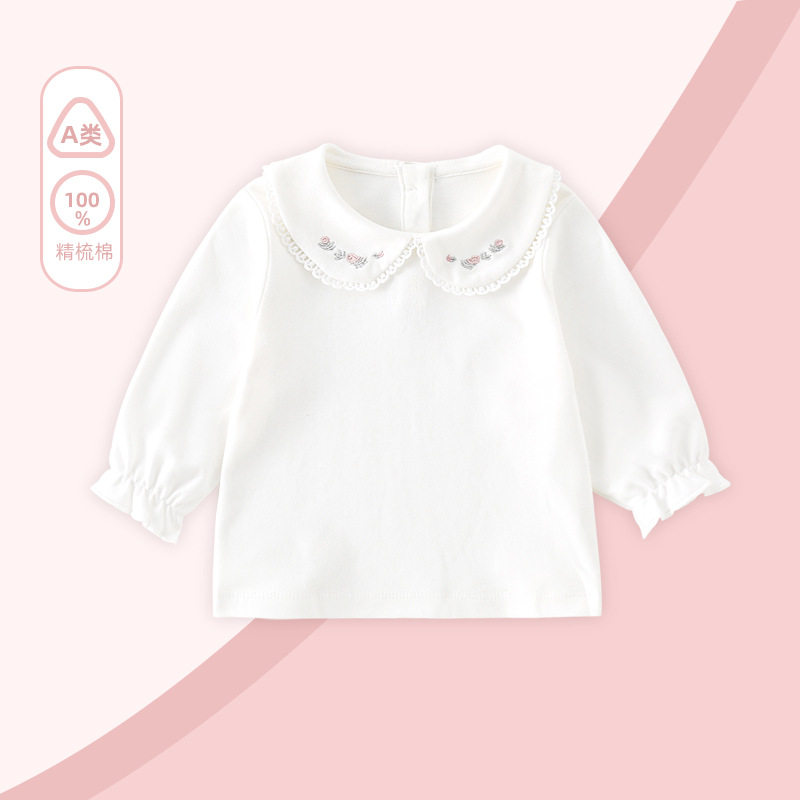 女童春秋款长袖纯棉白T恤洋气婴儿刺绣翻领打底衫女宝宝百搭上衣,童装/婴儿装/亲子装,T恤,淘宝优惠券,粉丝福利购,淘宝优惠卷