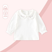 纯棉白T恤洋气婴儿刺绣翻领打底衫 女童春秋款 长袖 女宝宝百搭上衣