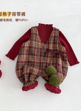 女童毛呢格子背带裤秋冬加棉保暖