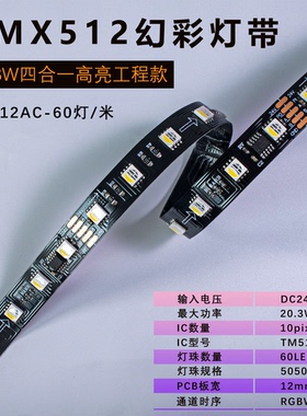 TM512AC 60灯黑板RGBW 可编程24V 12MM 全彩软灯带工程款DMX512