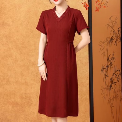 国风V领短袖收腰真丝提花连衣裙