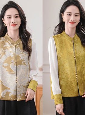 2089新中式提花缎面国风马甲女春夏立领背心坎肩两面穿马夹
