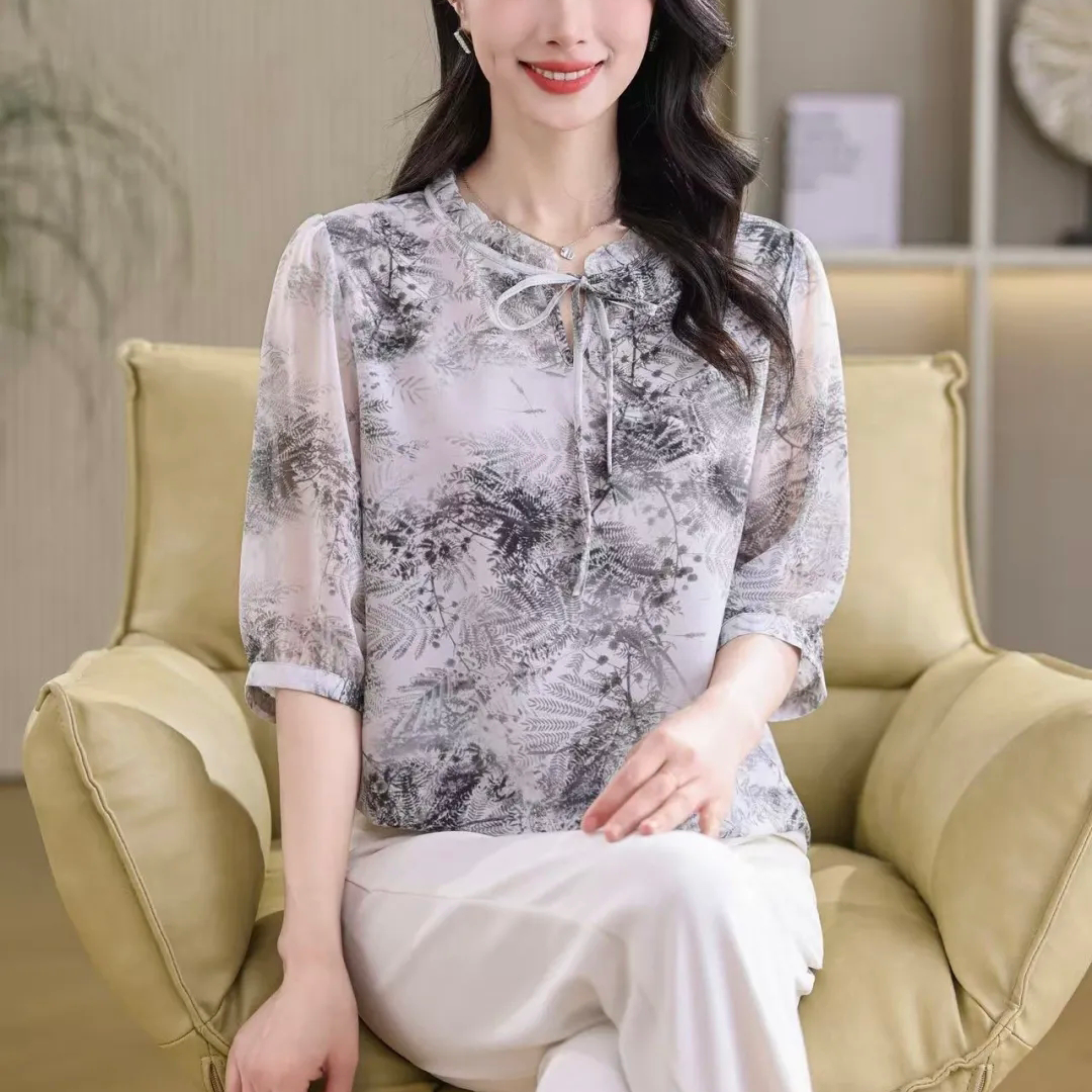 JZG8821优雅气质系带领印花真丝中式女装上衣T恤衬衫2026夏季新款