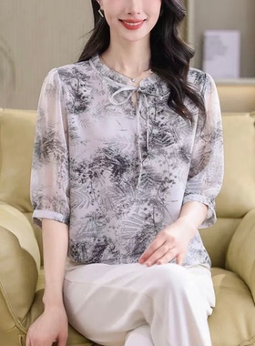 JZG8821优雅气质系带领印花真丝中式女装上衣T恤衬衫2026夏季新款