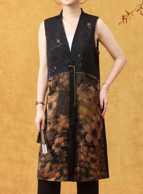 YWFF2103优雅气质中长款香云纱真丝马夹外披女中老年轻奢无袖外套