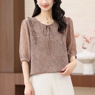 纱袖 气质优雅国风系带领印花真丝女上衣中袖 T恤9203 新款 2026夏季
