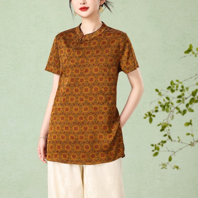 国风立领斜襟丝缎短袖女上衣