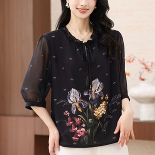 新款 夏季 上衣T恤小衫 YWFF2125优雅气质国风系带领真丝印花女装