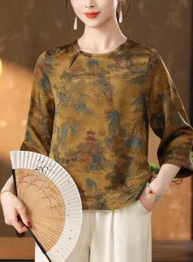 2026夏季新款气质优雅国风圆领斜襟七分袖印花真丝上衣女装31583