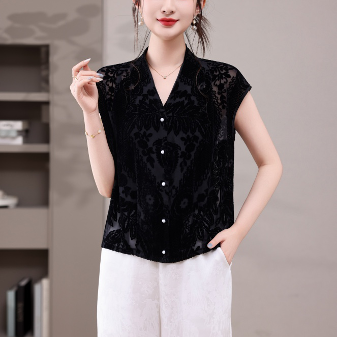 S6003优雅气质国风腰果花V领珍珠扣真丝绒女上衣夏季新款ymy