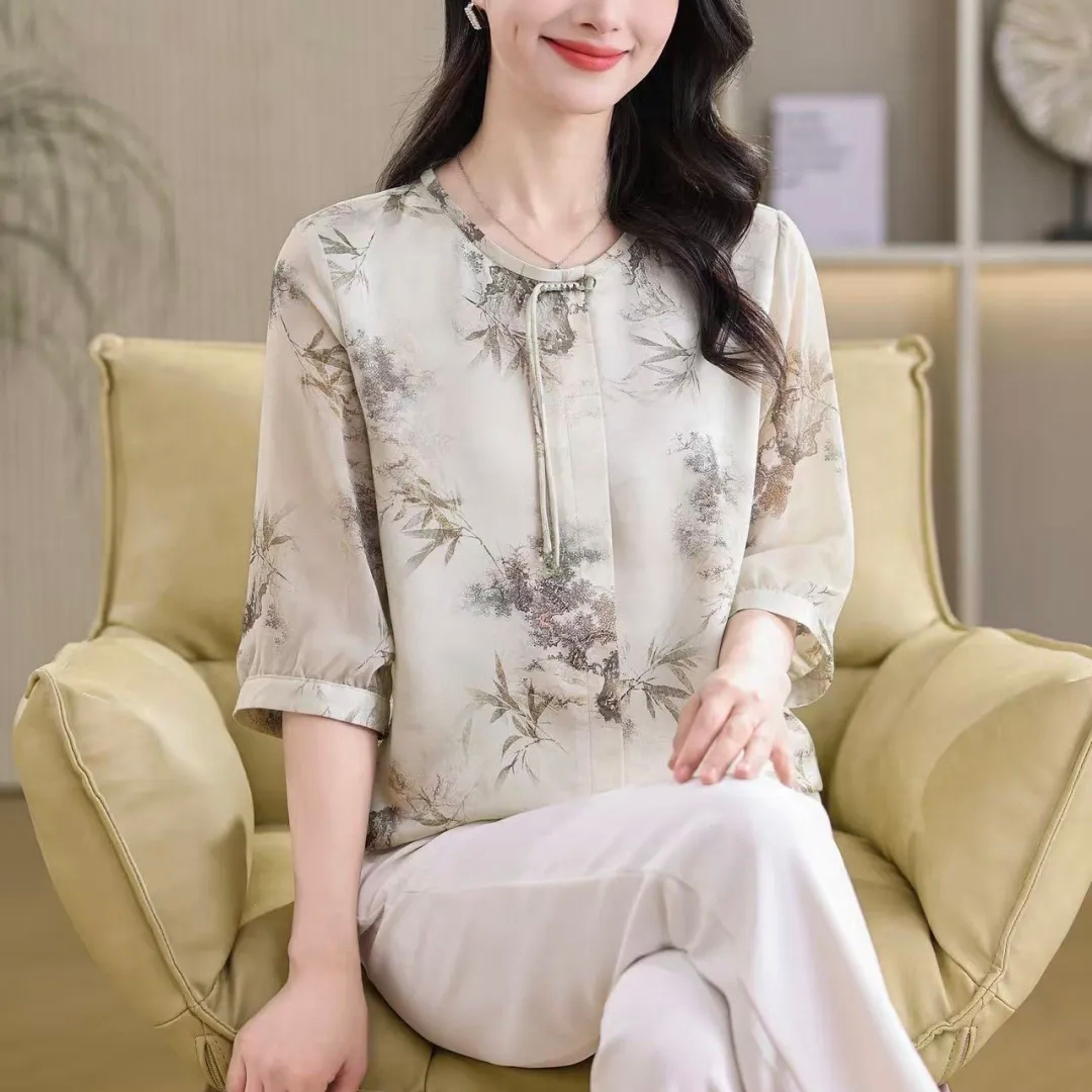 JZG8807优雅气质国风中袖印花女装上衣纱袖衬衫T恤2026夏季新款