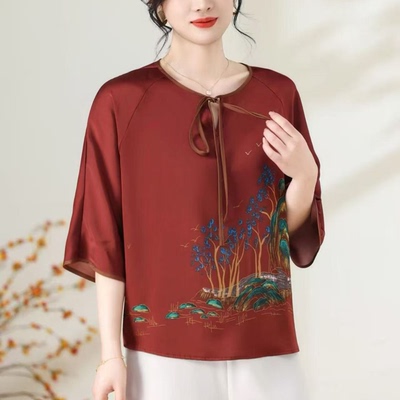 国风系带领真丝印花女装上衣T恤