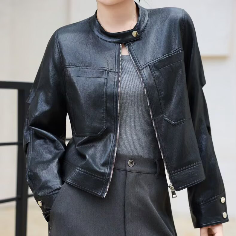 气质休闲复古女短款PU皮衣夹克