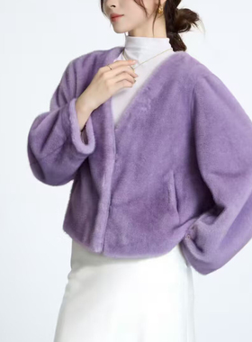 绮绣缘85003优雅仿雪兰貂皮草外套金貂绒短款V领皮毛一体外套女