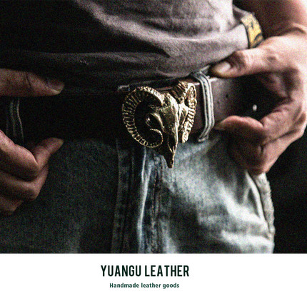 YUANGU手工定制皮带 机车男复古腰带纯铜羊头意大利植鞣板扣皮带