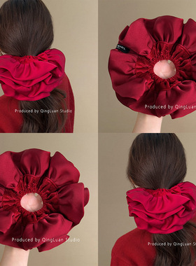 高阶明艳红~法式超大号大肠发圈高级感扎丸子头绳氛围新年盘发器