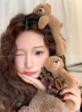 爆炸可爱毛绒小熊发夹女边夹侧边bb夹后脑勺大号盘发抓夹2025新款