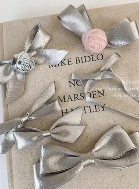 韩系银色丝光蝴蝶结玫瑰发夹甜酷弹簧夹发卡鸭嘴夹刘海夹子发饰