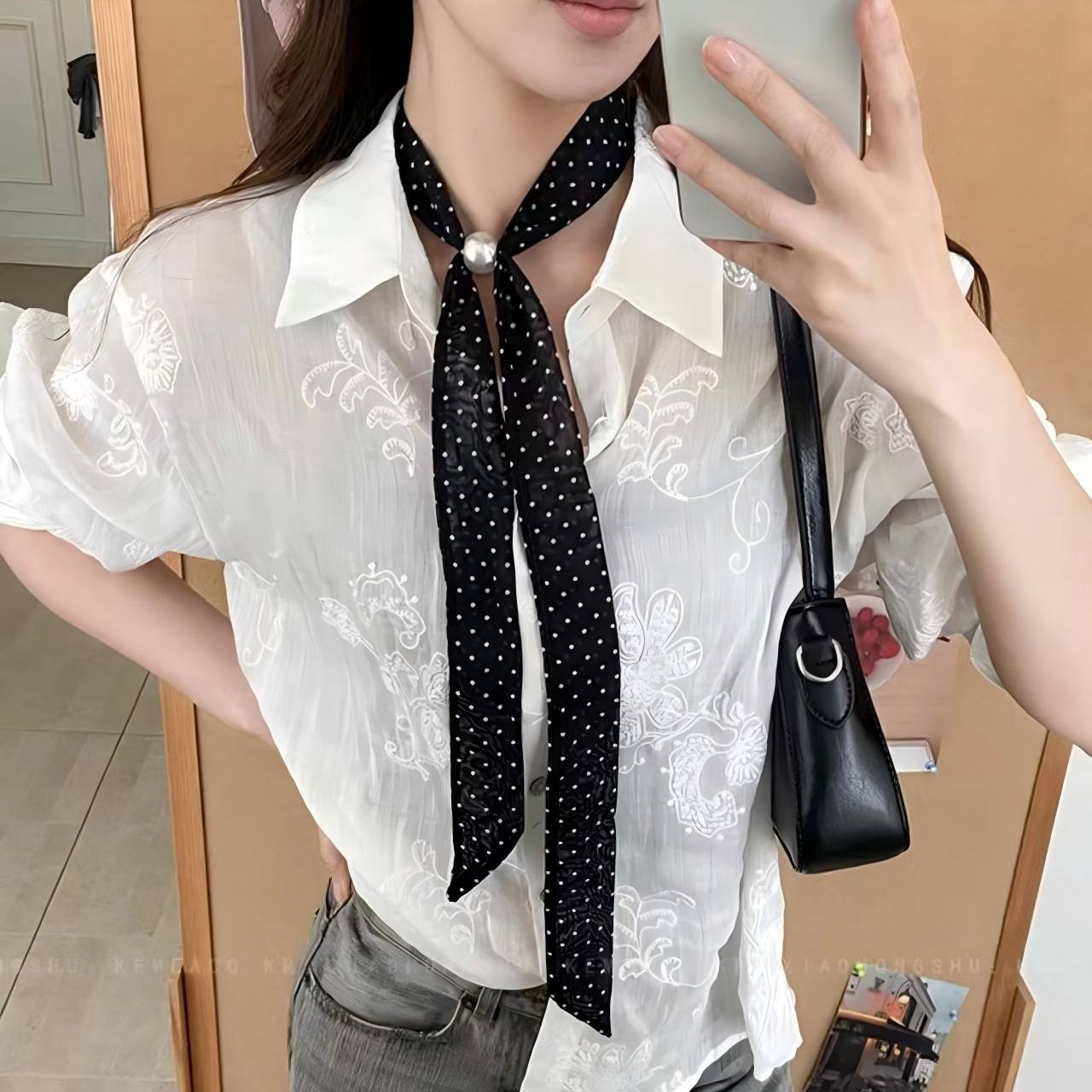 黑白波点丝巾女细窄飘带领巾珍珠装饰衬衫搭配韩版ins风百搭气质