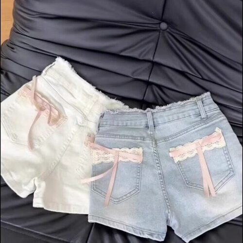 白色蕾丝拼接蝴蝶结牛仔短裤女夏季新款小个子高腰毛边显瘦热裤xs
