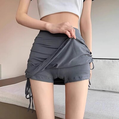灰色褶皱运动半身裙女春夏2025新款设计感防走光高腰绑带包臀短裙