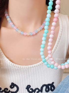 彩色多巴胺串珠项链女甜美简约百搭颈链韩系小众设计感高级锁骨链