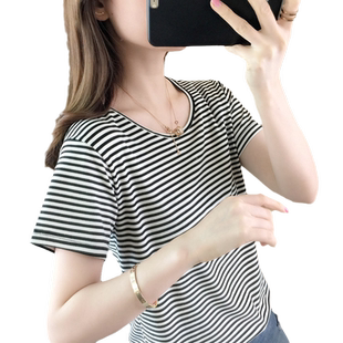 短袖条纹t恤女士夏装新款百搭春秋短款韩风chic上衣打底衫内搭