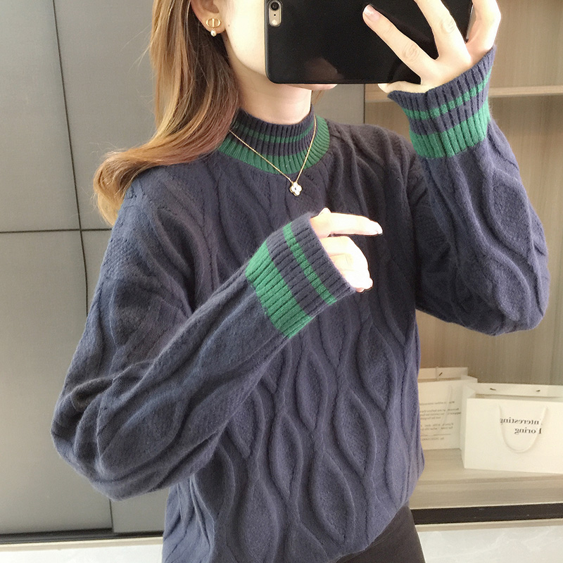 秋冬新款半高领麻花毛衣上衣日系慵懒复古打底衫女宽松拼色针织衫