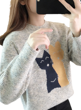 秋冬季新款半高领毛衣女士套头洋气卡通针织衫宽松打底衫小众上衣