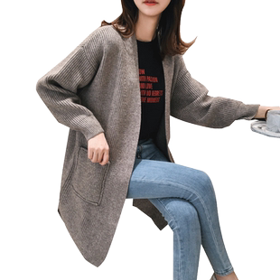 韩版针织衫外套女春秋新款慵懒风宽松中长款很仙的开衫毛衣秋季