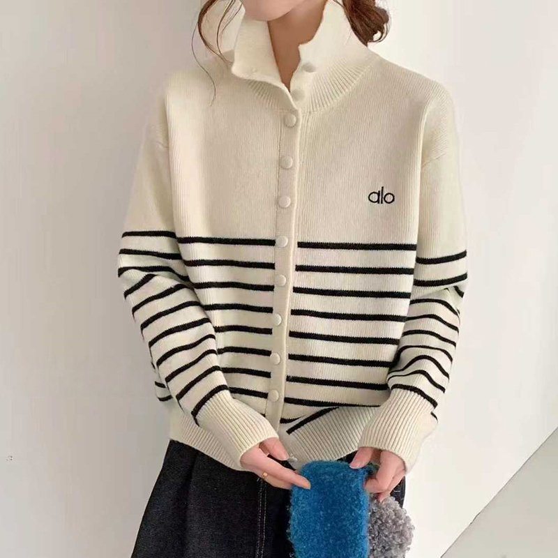 条纹针织开衫女立领毛衣外套