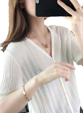 春季复古女士外穿冰丝短袖针织衫