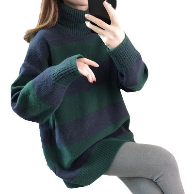 中长款毛衣女秋冬宽松条纹打底衫