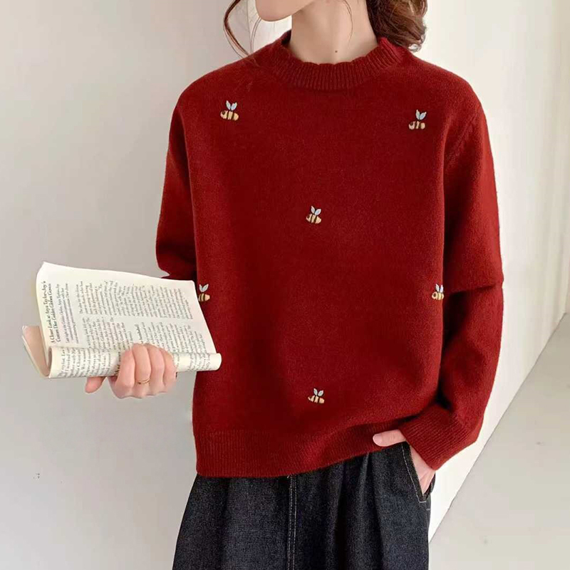 秋冬季新款红色圆领毛衣针织衫