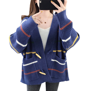 宽松懒惰风条纹针织开衫女毛衣秋冬新款洋气外套春秋慵懒外搭