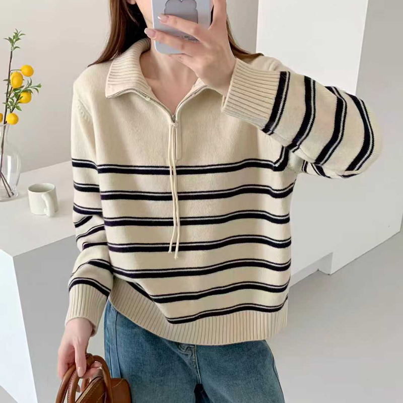 2025新款条纹半拉链毛衣打底衫