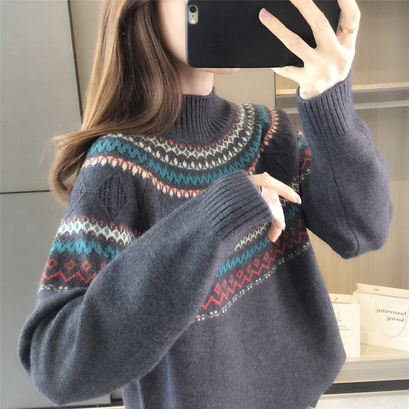 半高领毛衣女秋冬加厚打底衫韩版宽松上衣外穿套头港味复古针织衫