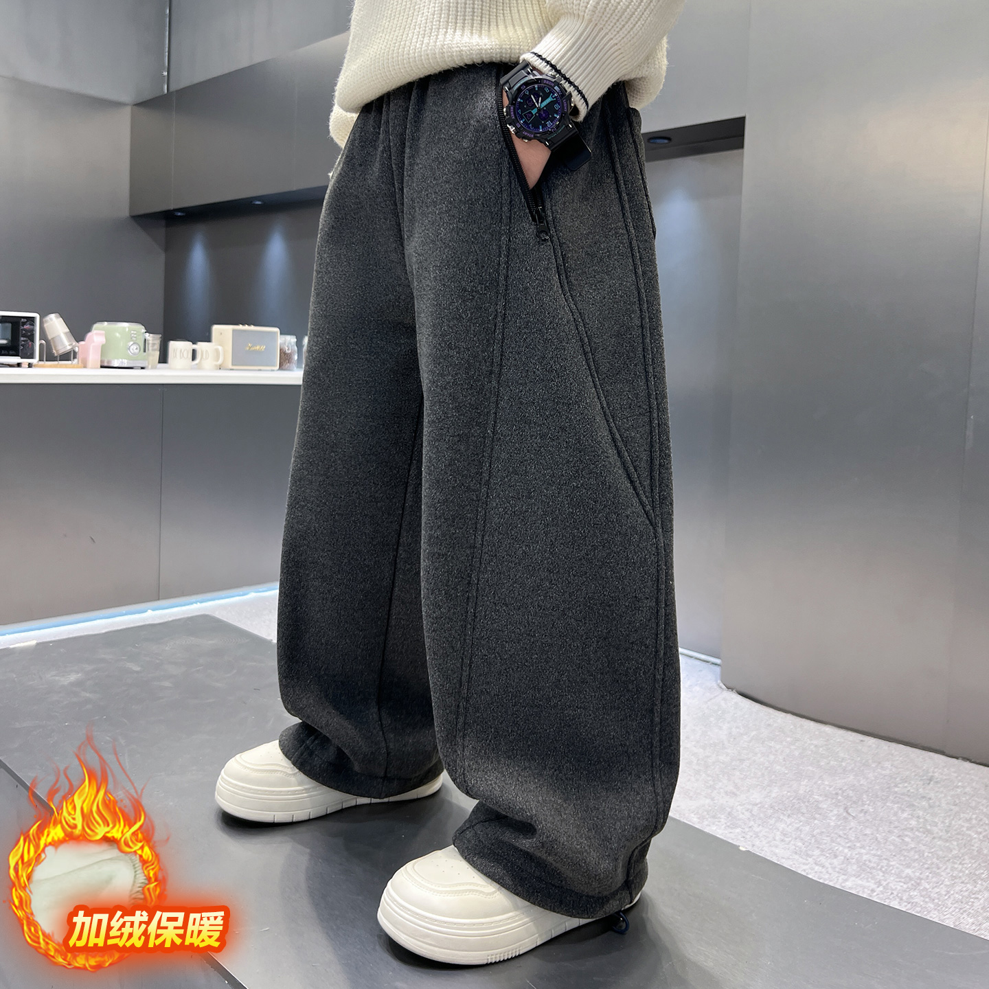 男童一体绒加绒裤子秋冬款2025新