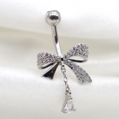 S925纯银蝴蝶结肚脐钉脐环纯银防过敏穿刺锆石性感欧美肚环饰品