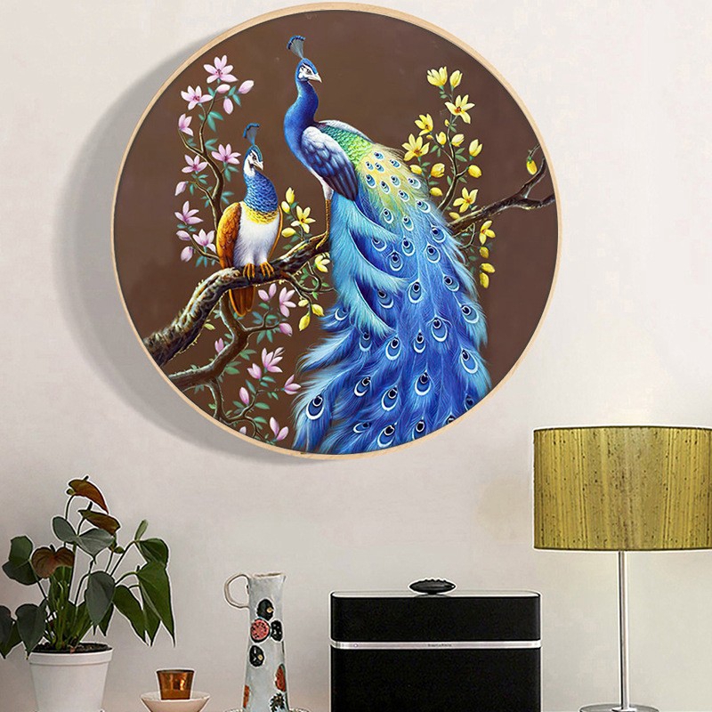 钻石画圆形蓝孔雀贴钻十字绣满钻