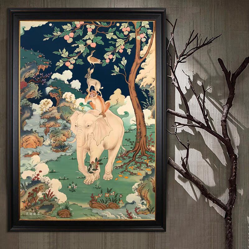 简约现代新款客厅藏式唐卡和谐四瑞装饰中堂画镇宅玄关财神钻石绣