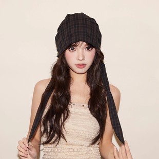 韩国格子头巾帽2025新款街头风绑带包头帽小众个性高级感薄款帽子