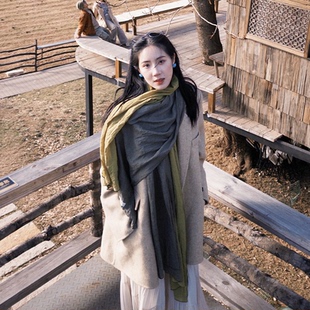 复古拼色棉麻围巾女春秋薄款云南氛围感拍照洋气百搭护颈围脖丝巾