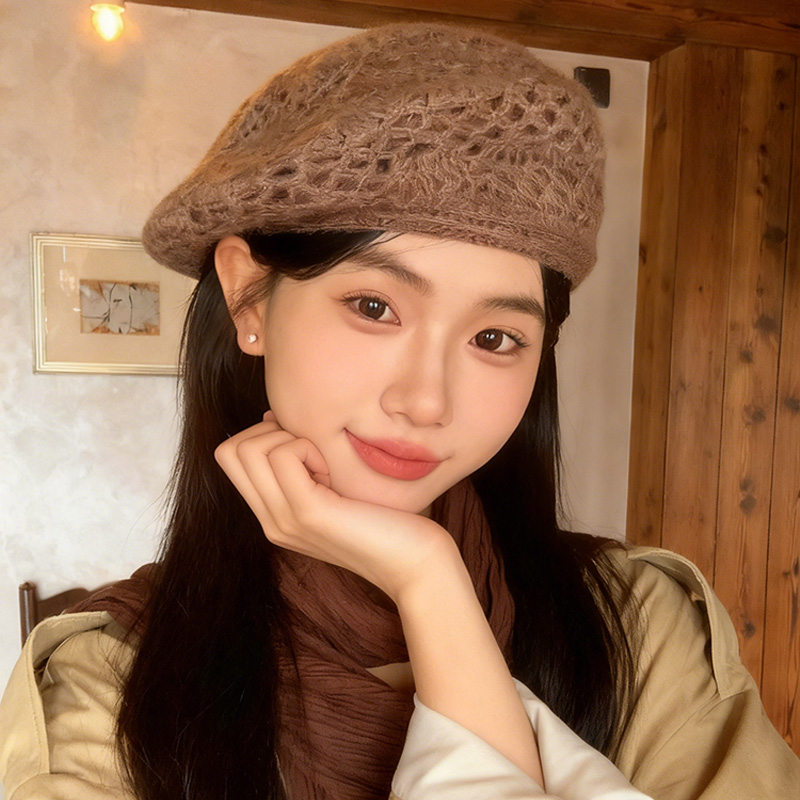 法式复古钩花针织贝雷帽女秋冬百搭文艺画家帽大头围氛围感前进帽