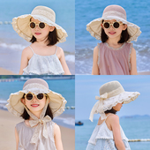 儿童渔夫帽女孩2025新款 夏宝宝遮阳防紫外线防晒帽草帽海边沙滩帽