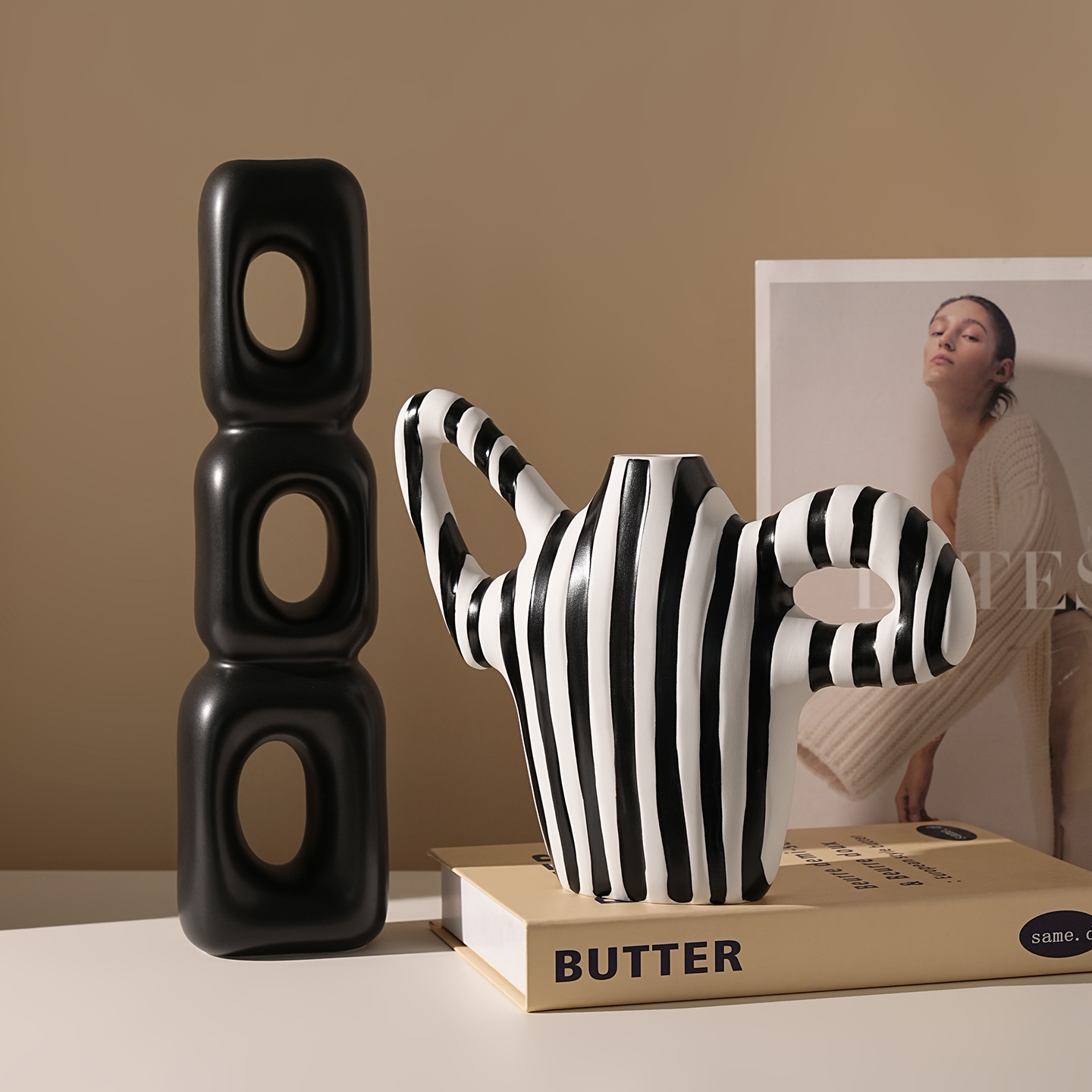 轻奢高档黑白条纹陶瓷花瓶摆件插花艺术小众客厅玄关电视柜装饰品,家居饰品,花瓶,淘宝优惠券,粉丝福利购,淘宝优惠卷